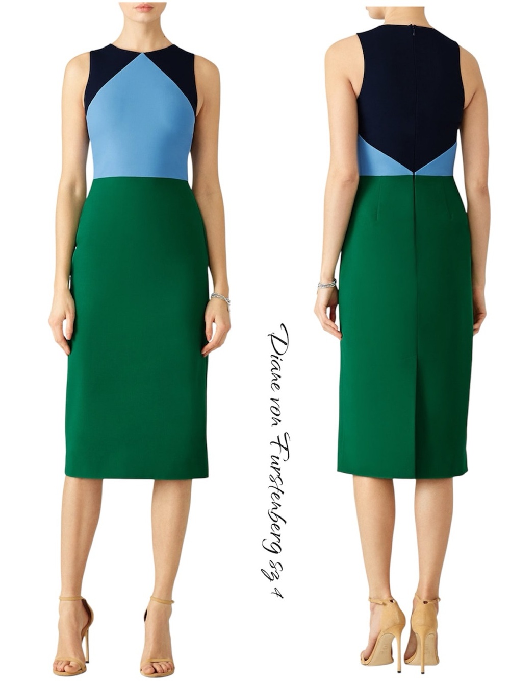 Diane von Furstenberg Colorblock Wool Sheath Dress Green Blue 4